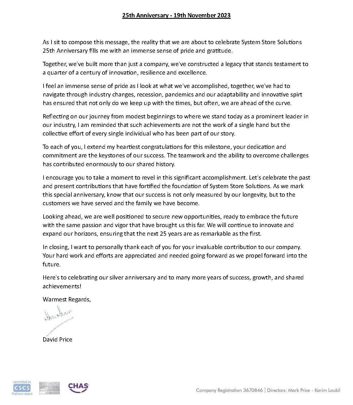 25th Anniversary Letter